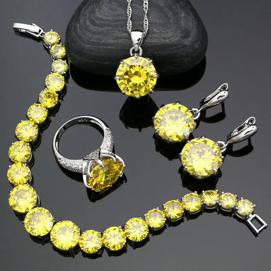 925 Sterling Silver Bridal Jewelry Sets For Women Yellow Cubic Zirconia Earrings Pendant Ring Bracelet Necklace Set Good Vibrations