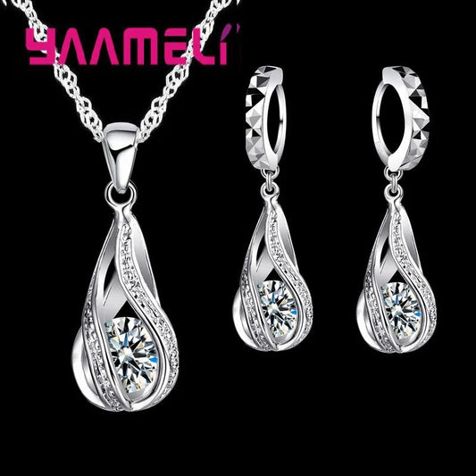 Hot Water Drop CZ 925 Sterling Silver Plated Jewelry Set For Women Pendant Necklace Hoop Earrings Wedding Party Ceremoey Anel Good Vibrations