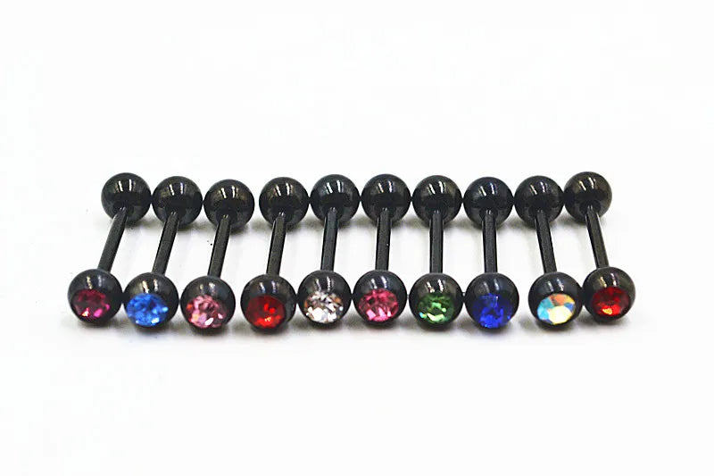 LOT50pcs  Titanium Stainless Steel Crystal Tongue Ring Bar Nipple Barbells Body Piercing 14G~1.6mmx16mmx6mm Good Vibrations