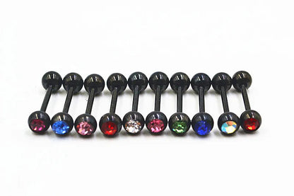 LOT50pcs  Titanium Stainless Steel Crystal Tongue Ring Bar Nipple Barbells Body Piercing 14G~1.6mmx16mmx6mm Good Vibrations