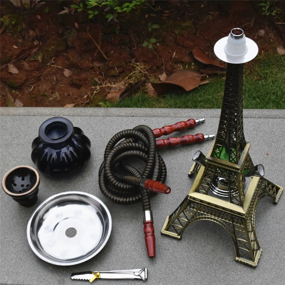 Paris Tower Shisha Hookah set with metal frame, ceramics bowl, double hose, and accessories on display.