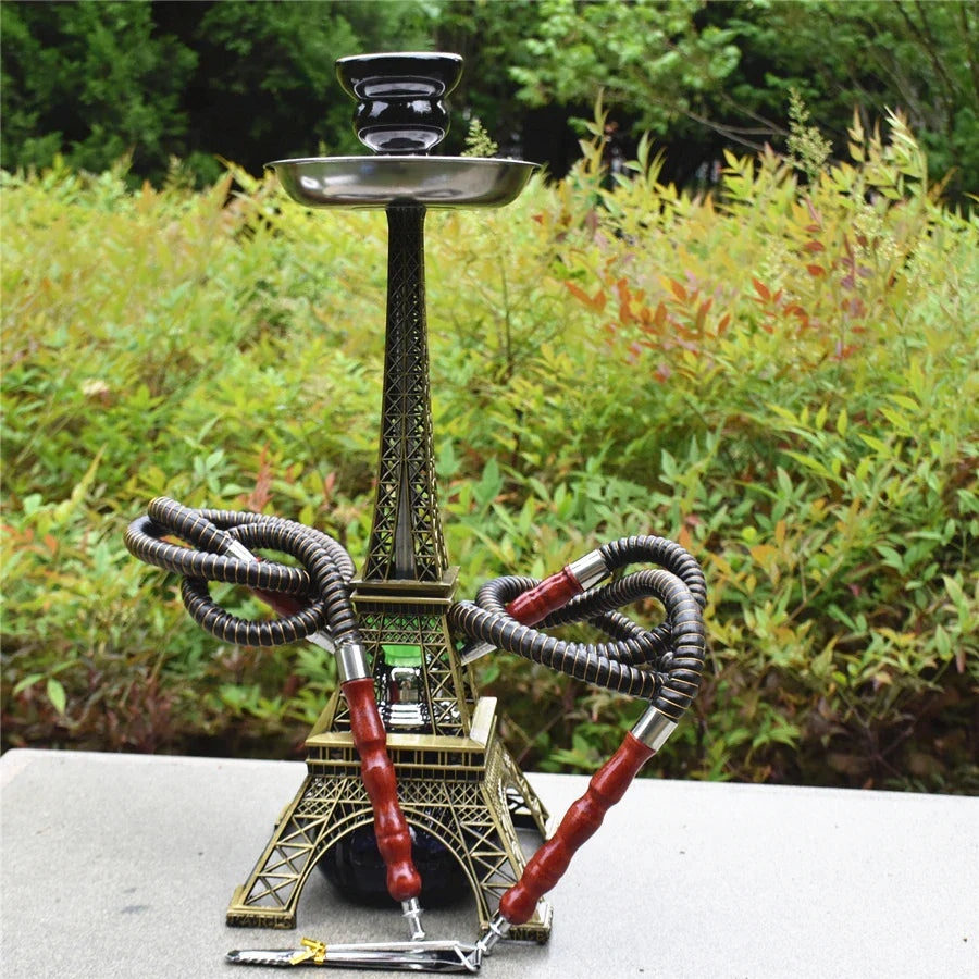 Paris Tower Shisha Hookah with double hose on acrylic base, featuring bronze Eiffel Tower design and ceramic bowl.