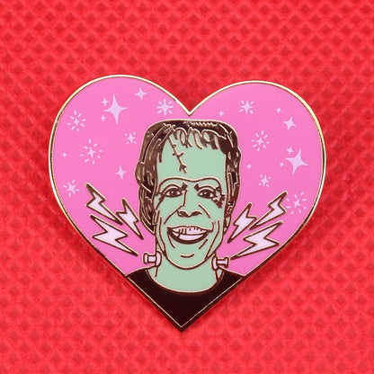 Herman Munster enamel pin pink heart shape brooch horror art badge 80s fans artist gift Frankenstein Halloween Christmas jewelry Good Vibrations
