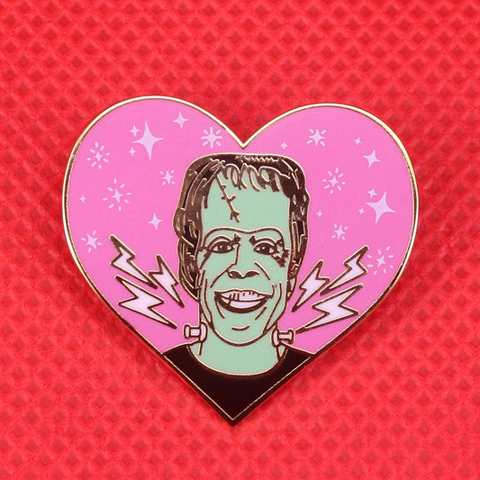 Herman Munster enamel pin pink heart shape brooch horror art badge 80s fans artist gift Frankenstein Halloween Christmas jewelry Good Vibrations