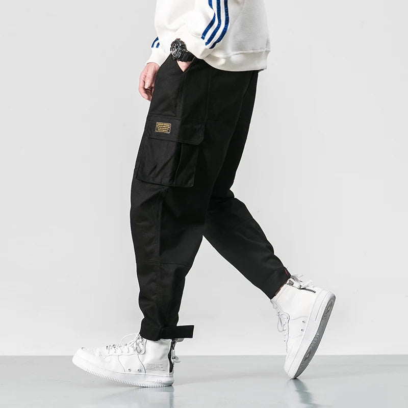 Men Multi-pocket Elastic Waist Design Harem Pant Street Punk Hip Hop Red Casual Trousers Joggers Male Army Cargo Pants 5XL Good Vibrations