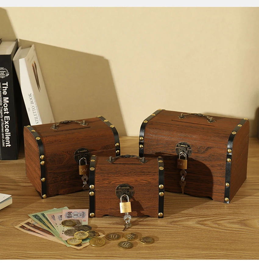 Wooden Retro Treasure Chest Piggy Bank Decorative Box With Lock,Coin,Banknote Storage Box Safe Money Box Gift cofre del tesoro Good Vibrations Adult Super Store