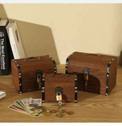 Wooden Retro Treasure Chest Piggy Bank Decorative Box With Lock,Coin,Banknote Storage Box Safe Money Box Gift cofre del tesoro Good Vibrations Adult Super Store