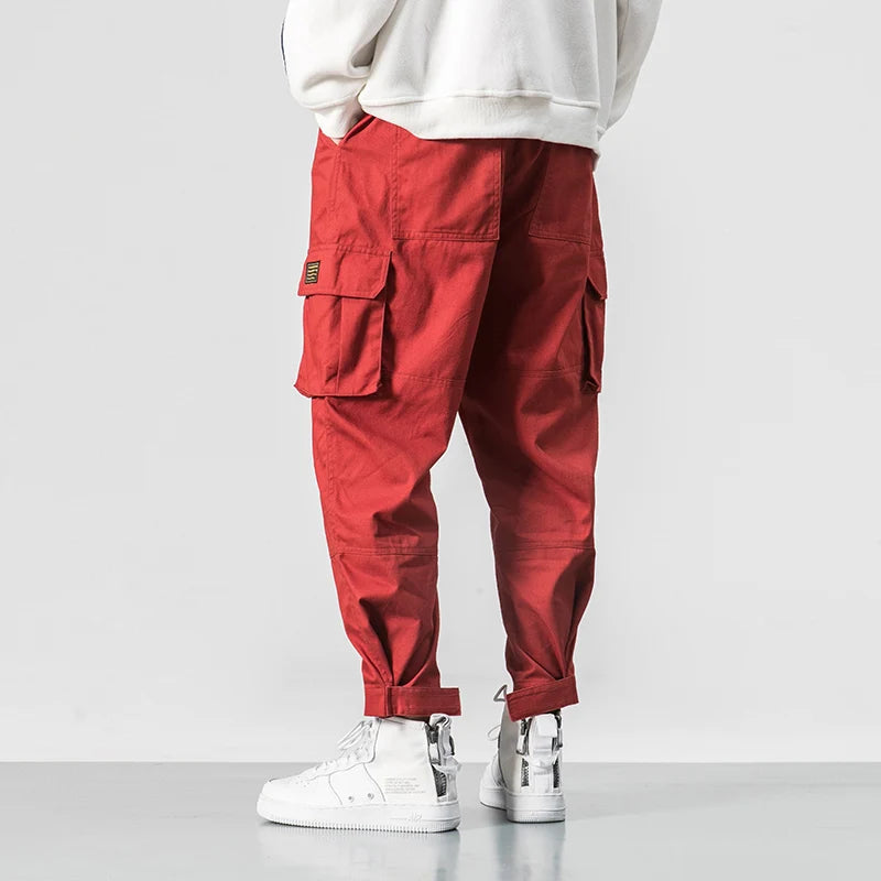 Men Multi-pocket Elastic Waist Design Harem Pant Street Punk Hip Hop Red Casual Trousers Joggers Male Army Cargo Pants 5XL Good Vibrations