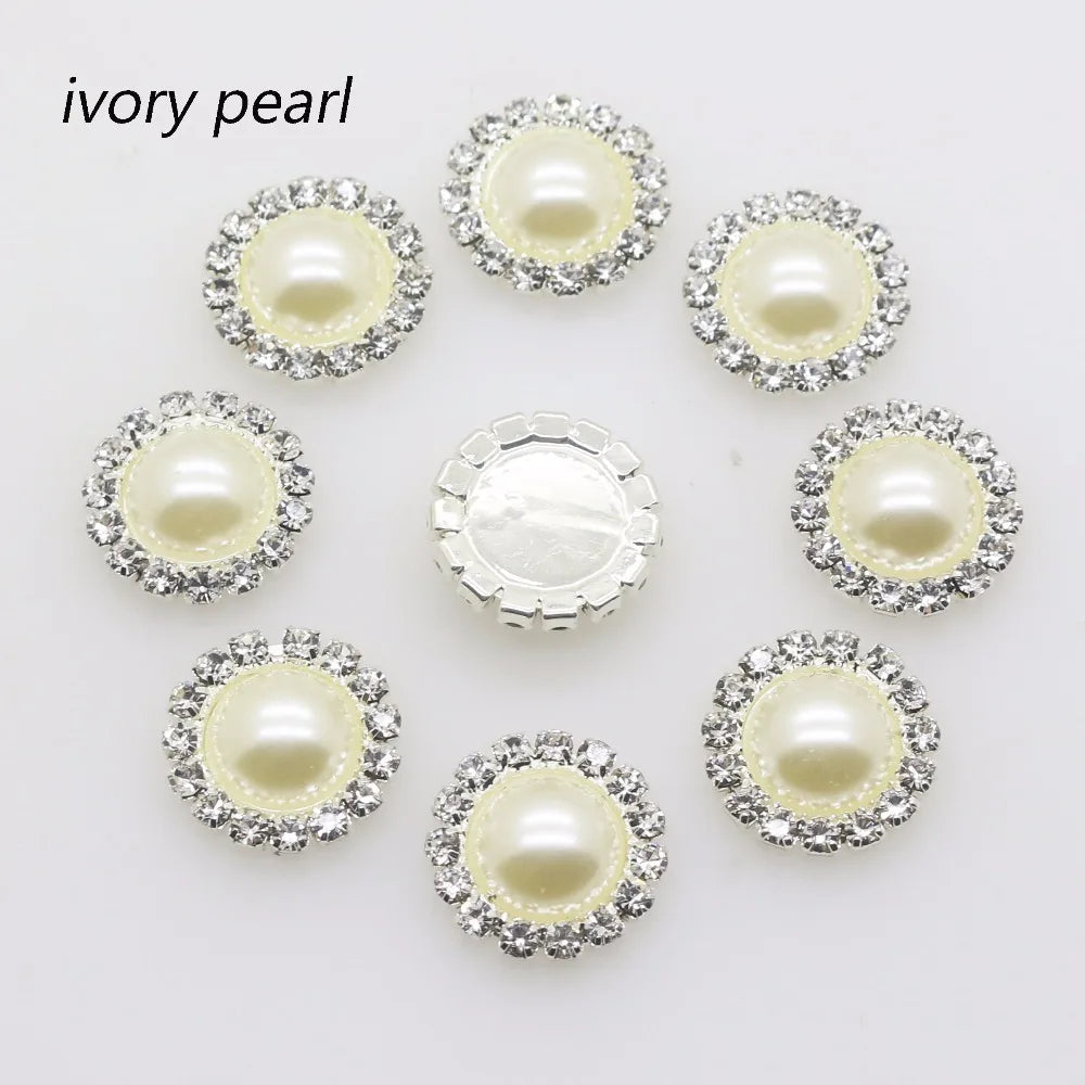 Wholesale 50pcs/lot 16mm (White/Ivory) Silver Flatback Pearl Rhinestone Buttons Wedding dress invitation hair decoration Good Vibrations