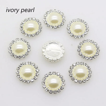 Wholesale 50pcs/lot 16mm (White/Ivory) Silver Flatback Pearl Rhinestone Buttons Wedding dress invitation hair decoration Good Vibrations