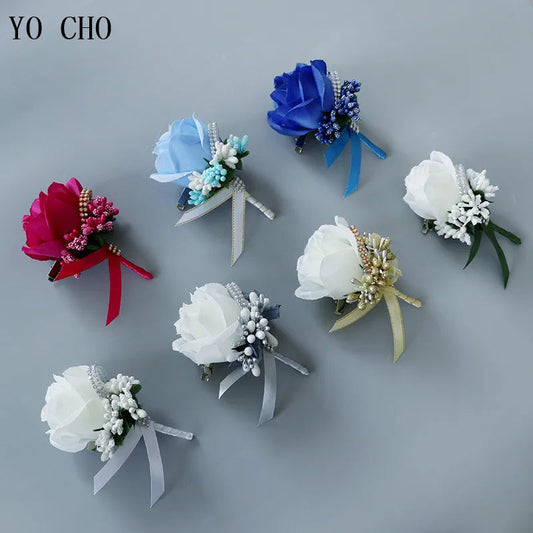 YO CHO Wedding Bouquet Artificial Rose Flowers Blue Brooch Corsages Glitter Rhinestone Ribbon Lace Classic Prom Boutonniere Pins Good Vibrations