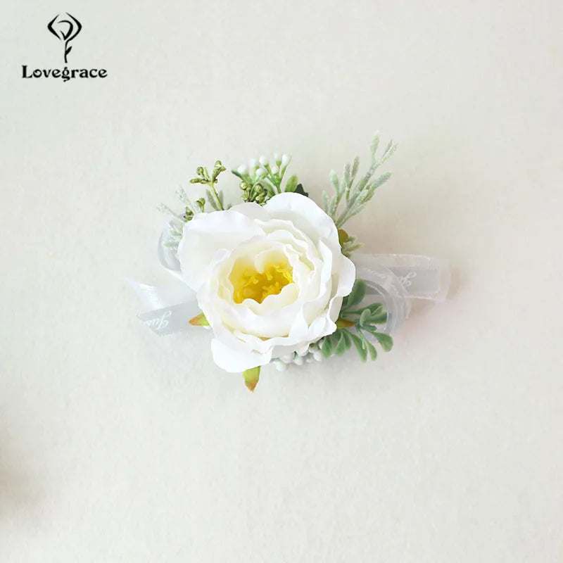 Wedding Boutonnieres White Pink Silk Roses Wrist Corsage Bracelets Bridesmaid Flowers Groom Brooch Marriage Cuff Wrist Corsages Good Vibrations