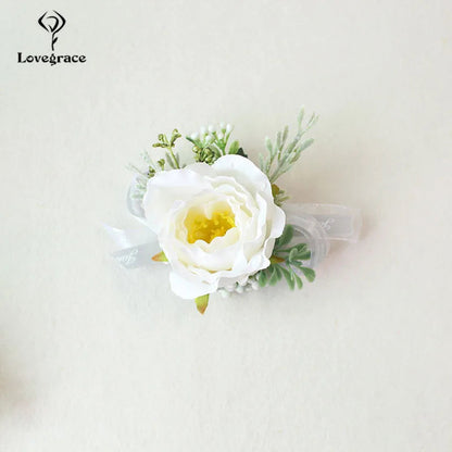 Wedding Boutonnieres White Pink Silk Roses Wrist Corsage Bracelets Bridesmaid Flowers Groom Brooch Marriage Cuff Wrist Corsages Good Vibrations