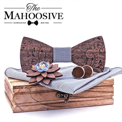 Formal Clasic Grey Tie for Men wedding wooden bow Tie Set Gift Hanky Cufflinks Set for Men Designer Fashion Silk Ties