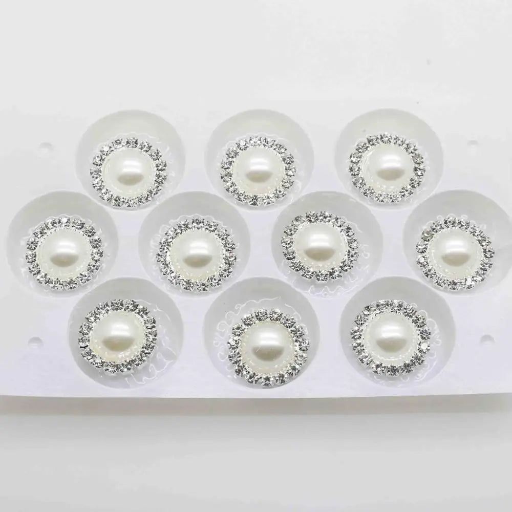 Wholesale 50pcs/lot 16mm (White/Ivory) Silver Flatback Pearl Rhinestone Buttons Wedding dress invitation hair decoration Good Vibrations