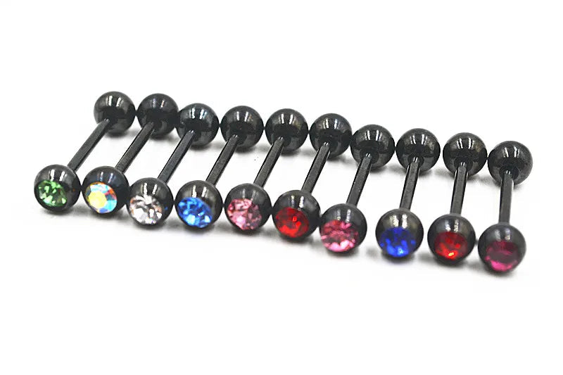 LOT50pcs  Titanium Stainless Steel Crystal Tongue Ring Bar Nipple Barbells Body Piercing 14G~1.6mmx16mmx6mm Good Vibrations