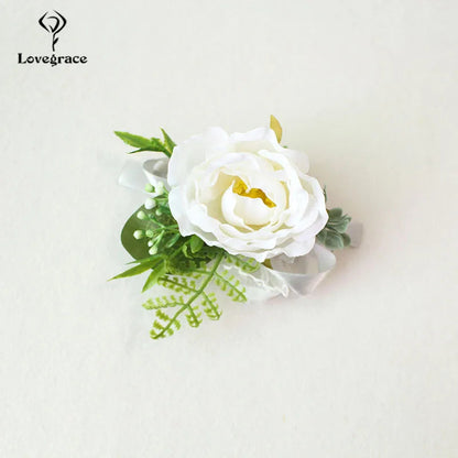 Wedding Boutonnieres White Pink Silk Roses Wrist Corsage Bracelets Bridesmaid Flowers Groom Brooch Marriage Cuff Wrist Corsages Good Vibrations