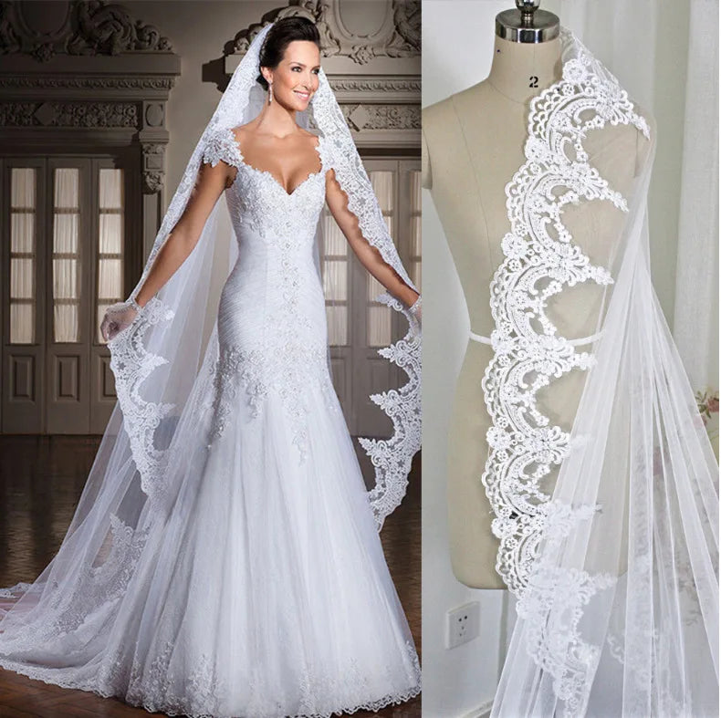 Morili New Style White Ivory 3 Meters Long Bridal Accessory One Layer Lace Wedding Veils with Comb MVA364 Good Vibrations