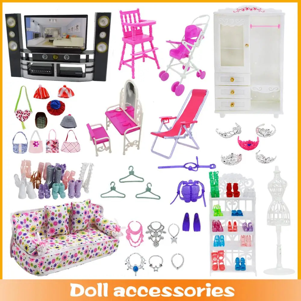 Mixed Doll Accessories Shoe Rack Pink Bed Bike Bag Sofa Dresser Display Doll Holder Dollhouse Furniture for 30cm Girl Doll Toy Good Vibrations