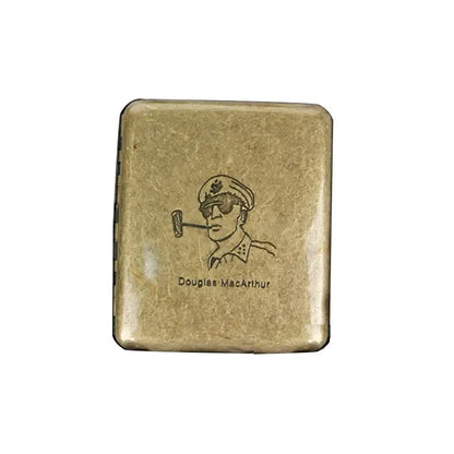 Vintage metal cigarette case with classic design, featuring engraved portrait of a man wearing sunglasses and a hat, ideal for carrying 20 cigarettes.
