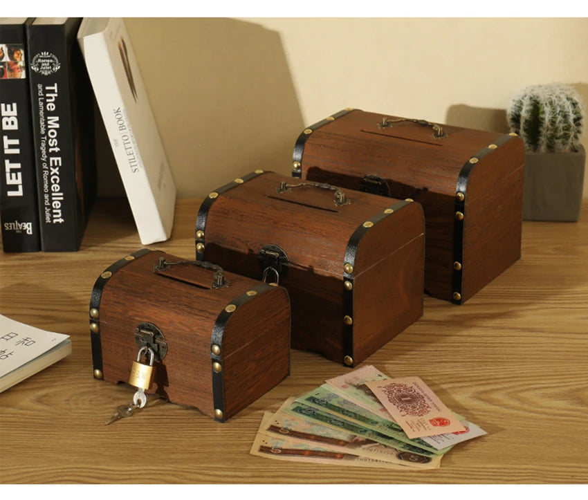 Wooden Retro Treasure Chest Piggy Bank Decorative Box With Lock,Coin,Banknote Storage Box Safe Money Box Gift cofre del tesoro Good Vibrations Adult Super Store