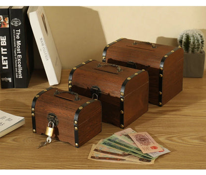 Wooden Retro Treasure Chest Piggy Bank Decorative Box With Lock,Coin,Banknote Storage Box Safe Money Box Gift cofre del tesoro Good Vibrations Adult Super Store