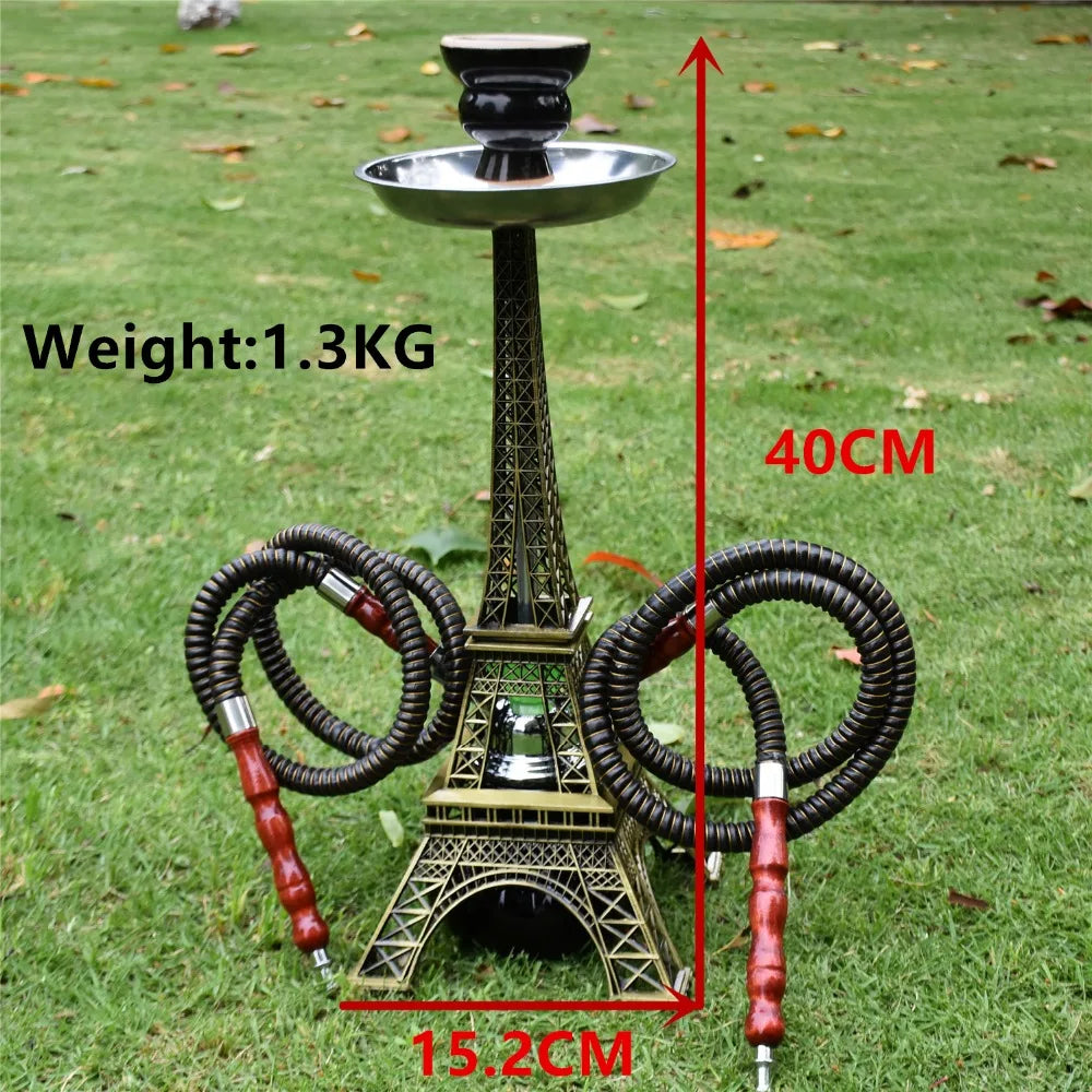 Paris Tower Shisha Hookah with double hose, ceramic bowl, and acrylic base on grass.