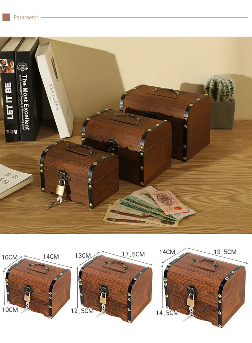 Wooden Retro Treasure Chest Piggy Bank Decorative Box With Lock,Coin,Banknote Storage Box Safe Money Box Gift cofre del tesoro Good Vibrations Adult Super Store