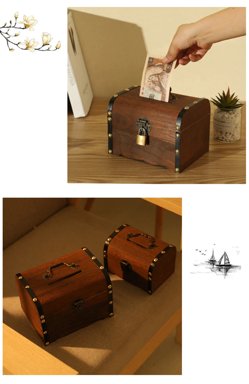 Wooden Retro Treasure Chest Piggy Bank Decorative Box With Lock,Coin,Banknote Storage Box Safe Money Box Gift cofre del tesoro Good Vibrations Adult Super Store