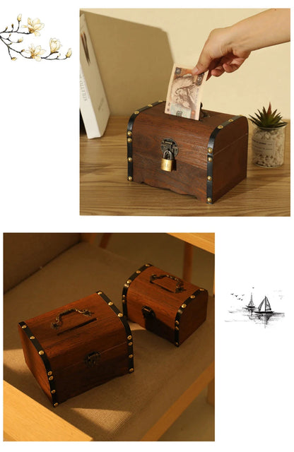 Wooden Retro Treasure Chest Piggy Bank Decorative Box With Lock,Coin,Banknote Storage Box Safe Money Box Gift cofre del tesoro Good Vibrations Adult Super Store