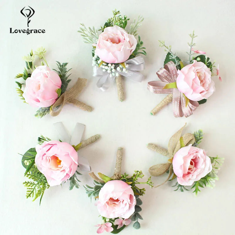 Wedding Boutonnieres White Pink Silk Roses Wrist Corsage Bracelets Bridesmaid Flowers Groom Brooch Marriage Cuff Wrist Corsages Good Vibrations