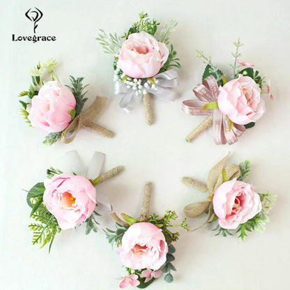 Wedding Boutonnieres White Pink Silk Roses Wrist Corsage Bracelets Bridesmaid Flowers Groom Brooch Marriage Cuff Wrist Corsages Good Vibrations