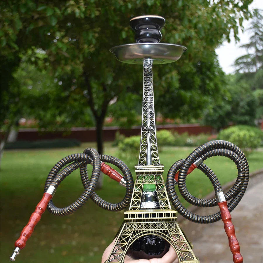 Paris Tower Shisha Hookah with double hose and ceramics bowl, set in outdoor garden.