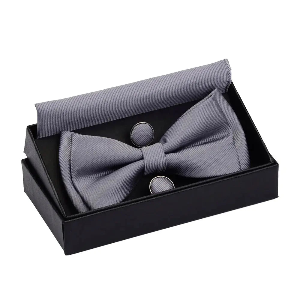 GUSLESON Quality Bowties For Wedding Mens Solid Color Two Layer Pre-tied Bow Tie and Pocket Square Cufflinks Set with Gift Box Good Vibrations
