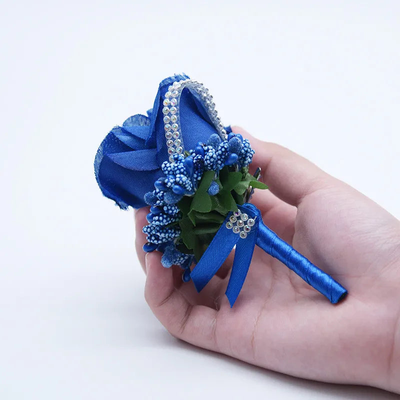 YO CHO Wedding Bouquet Artificial Rose Flowers Blue Brooch Corsages Glitter Rhinestone Ribbon Lace Classic Prom Boutonniere Pins Good Vibrations