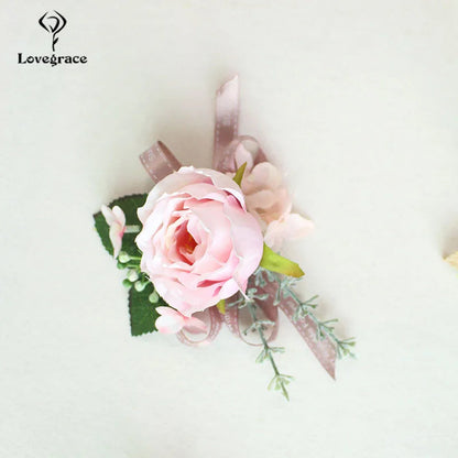 Wedding Boutonnieres White Pink Silk Roses Wrist Corsage Bracelets Bridesmaid Flowers Groom Brooch Marriage Cuff Wrist Corsages Good Vibrations