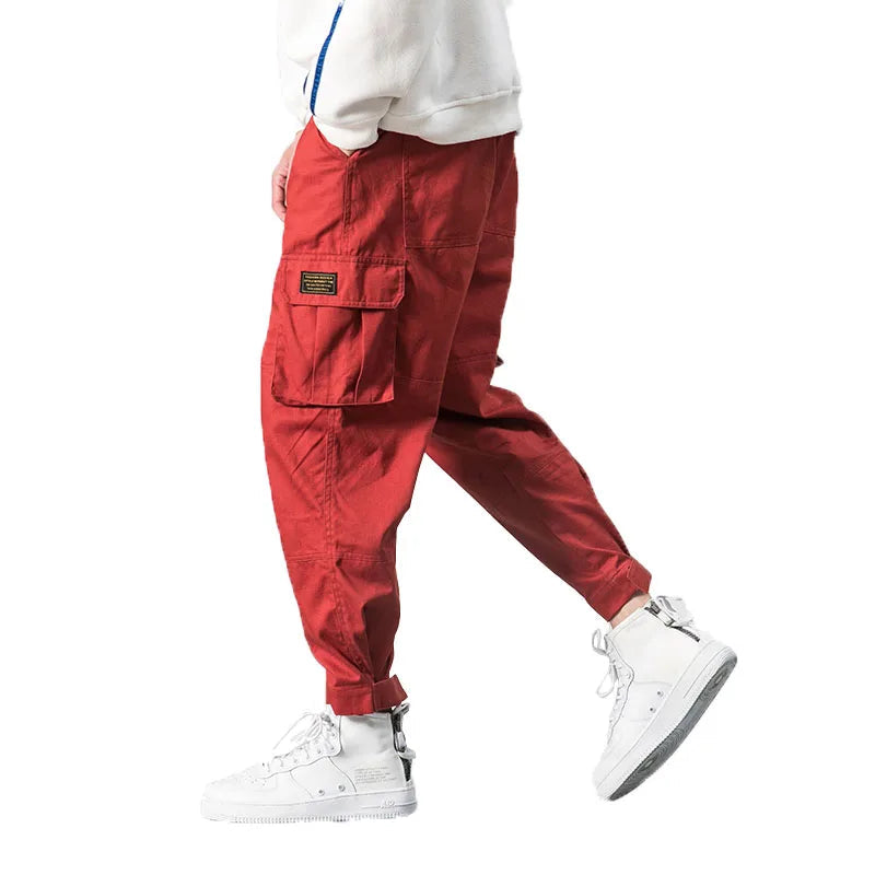 Men Multi-pocket Elastic Waist Design Harem Pant Street Punk Hip Hop Red Casual Trousers Joggers Male Army Cargo Pants 5XL Good Vibrations