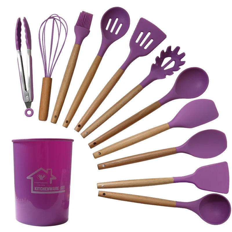 2022 Christmas Gift Food Grade Silicone Cutlery Set Wooden Handle Kitchen Gadgets Kid With Spatula Spoon Spaghetti Server Laddle Good Vibrations