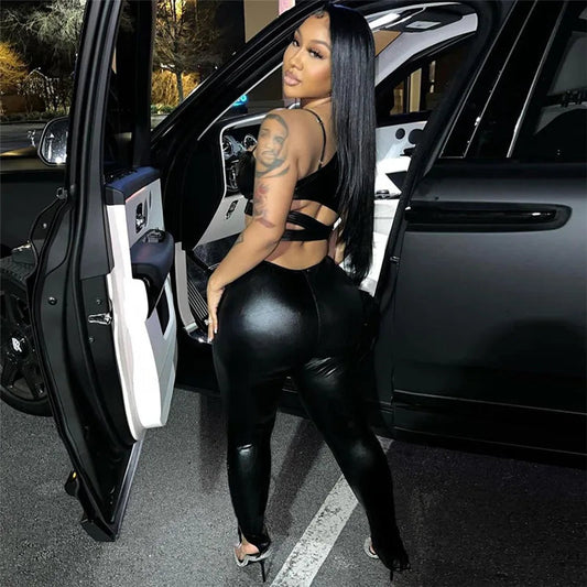 WY7658 New Arrivals Pu Leather Bandage Tops Flare Pant Set Women Outfits Two Piece Pant Set Good Vibrations