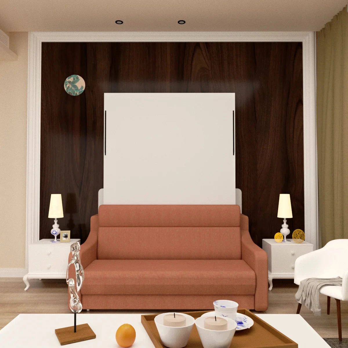 Modern Designed Vertical Murphy Bed Sofa Space-Saving Hidden Bed New Style Gas Struts No Wall-Mounting Needed Wood Panel Style Good Vibrations