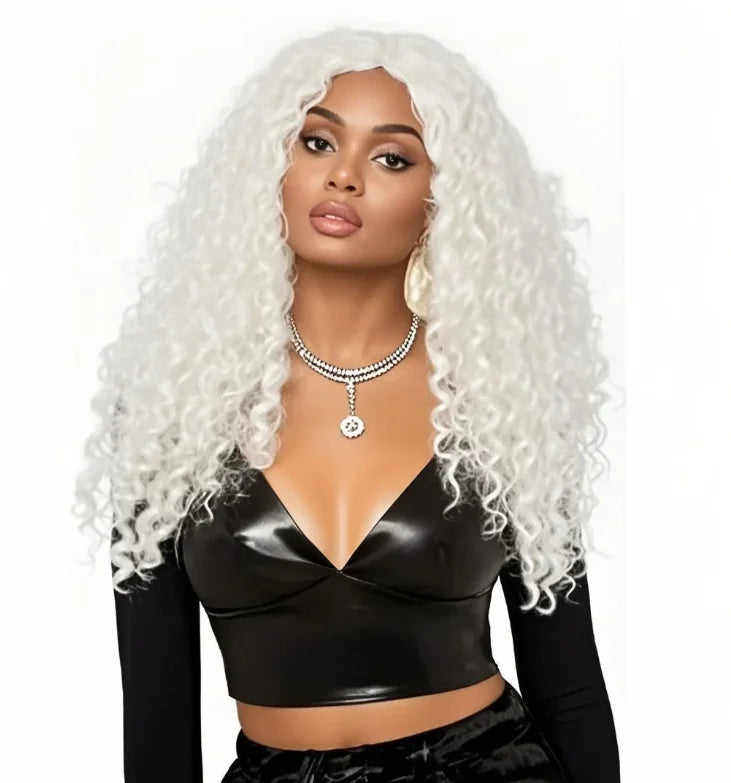 Long White Afro Party Wig Curly Cosplay Halloween Costume Hairpiece for Adult Festival Disco Theme Party Accessory Good Vibrations