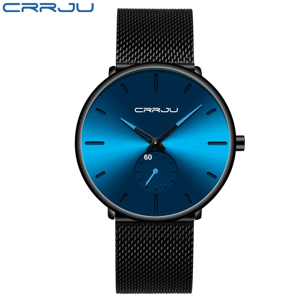 CRRJU New Watches Mens 2019 Man Fashion Simple Stainless Steel Blue Thin Watch For Men Luxury Casual Waterproof Quartz Clock Good Vibrations
