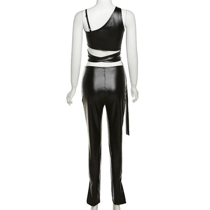 WY7658 New Arrivals Pu Leather Bandage Tops Flare Pant Set Women Outfits Two Piece Pant Set Good Vibrations