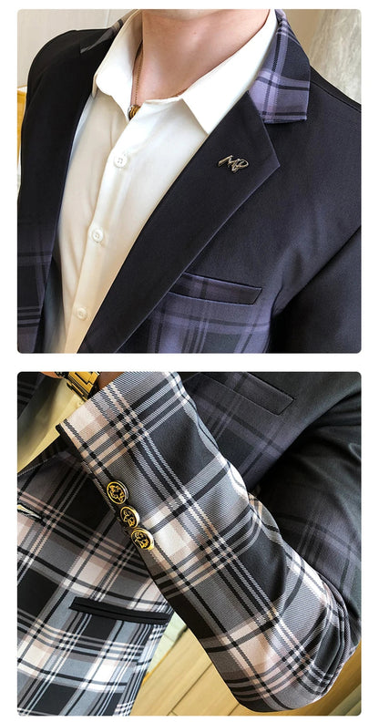 Blazer Men Boutique Fashion Plaid Men's Slim Casual Suit Jacket Male Ball Social Blazer Suit Coat Host Clothing Good Vibrations