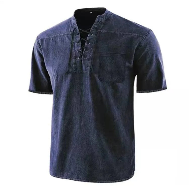 Men's Pirate Shirt Steampunk Retro Lace-Up Shirt Medieval T-Shirts Casual Tunic Tops Tee Gothic Halloween Costume Good Vibrations