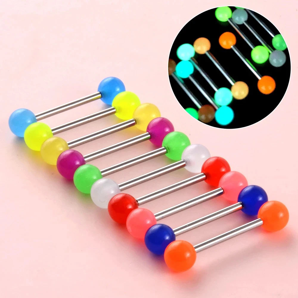 Surgical Steel Bar Tongue Rings Acrylic Glow in the dark ball Tongue Barbell Luminous Acrylic Ball Belly button Ring Piercing Good Vibrations