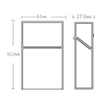 Metal portable cigarette case dimensions illustration; 92mm height, 61mm width, 27mm depth.