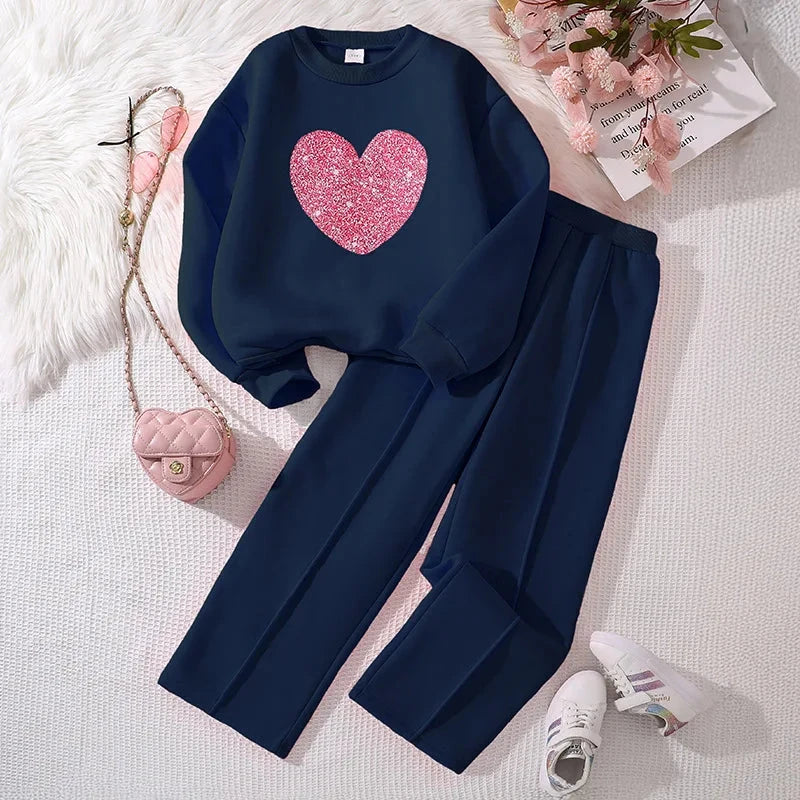 Hot Girls Suit Autumn and Winter New Children's Love Long-Sleeved Sweater Casual Trousers Thin Velvet Two-Piece Set Good Vibrations
