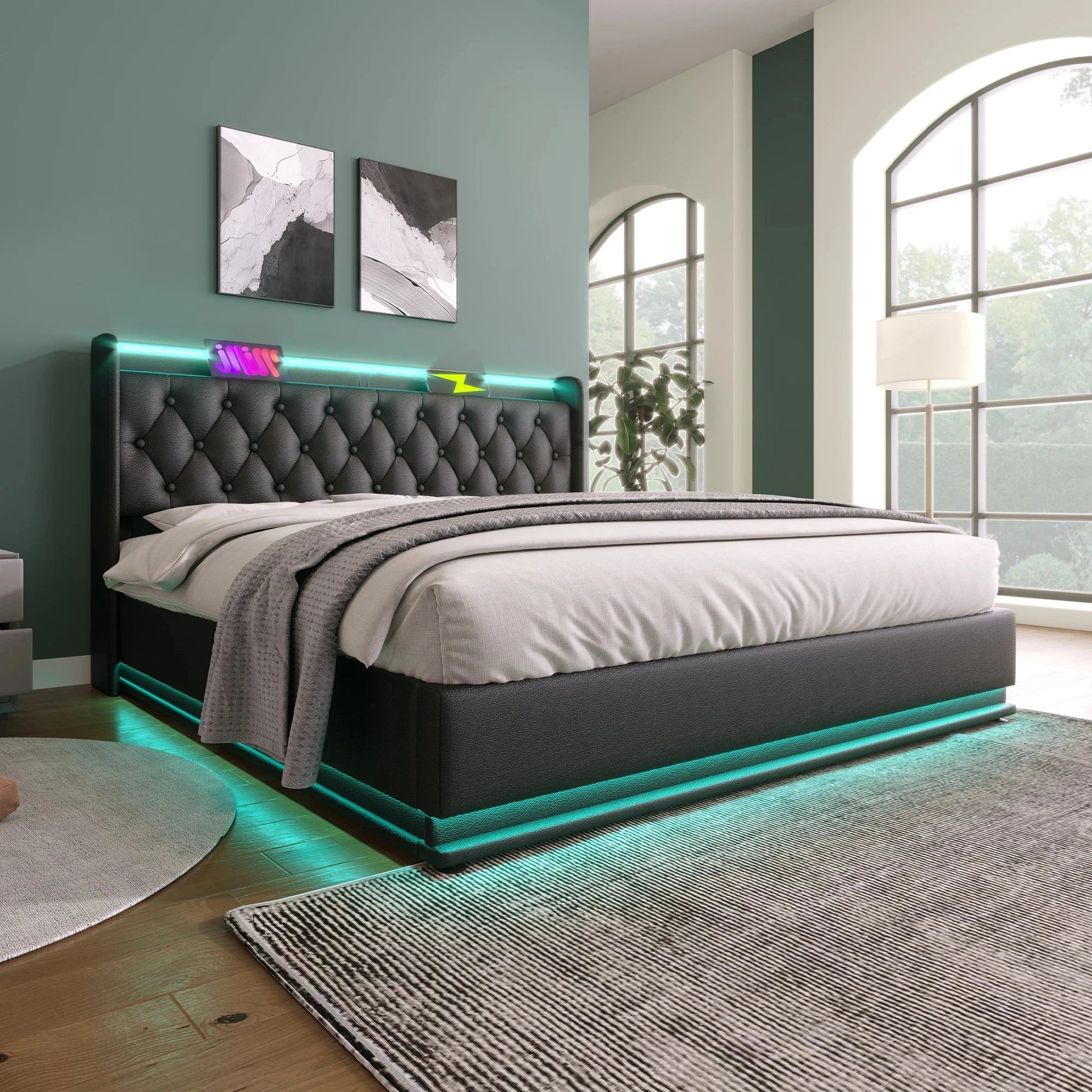 King Size Upholstered Bed 360 Surround LED Function Buttons Apps and Remote Control Good Vibrations