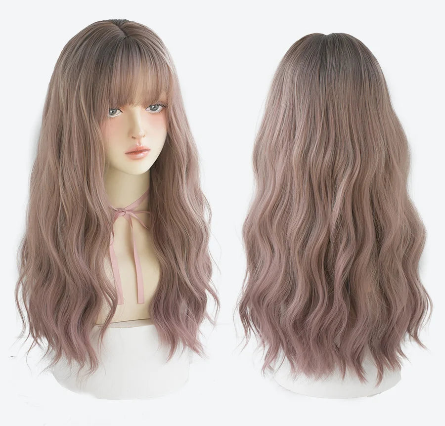 7JHHWIGS Long Wavy Synthetic Black Wigs For Women With Fringe Fashion Heat Resistant Mid-Length Daily Straight Light Brown Hair Good Vibrations